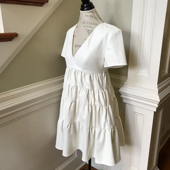 STAUD Vegan Leather Mini Cocoon Dress Womens Small Ivory V-Neck Short Sleeve - Picture 7 of 11